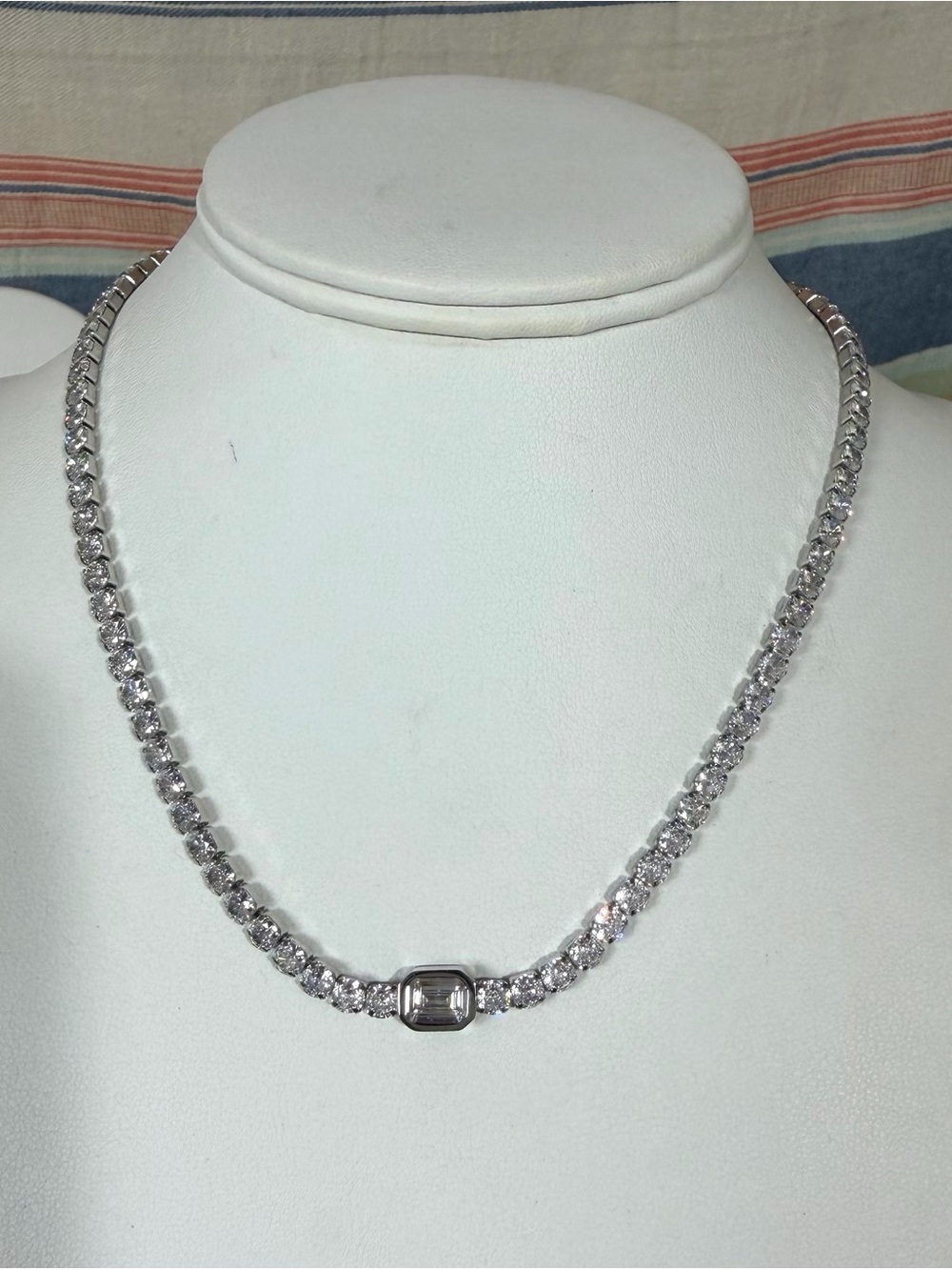 Classic Silver Tennis Necklace with Bezel Centerstone
